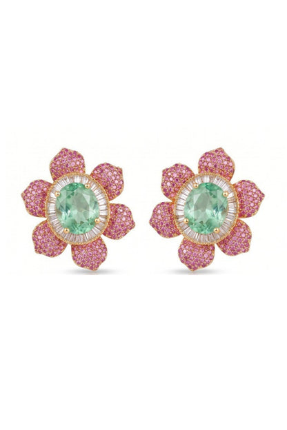 Gold Finish Cubic Zirconia & Ruby Stone Floral Necklace Set