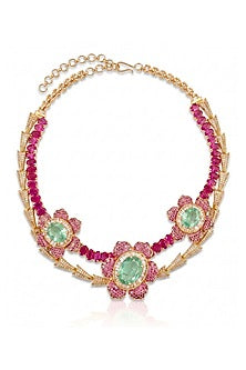 Gold Finish Cubic Zirconia & Ruby Stone Floral Necklace Set