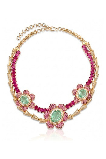 Gold Finish Cubic Zirconia & Ruby Stone Floral Necklace Set
