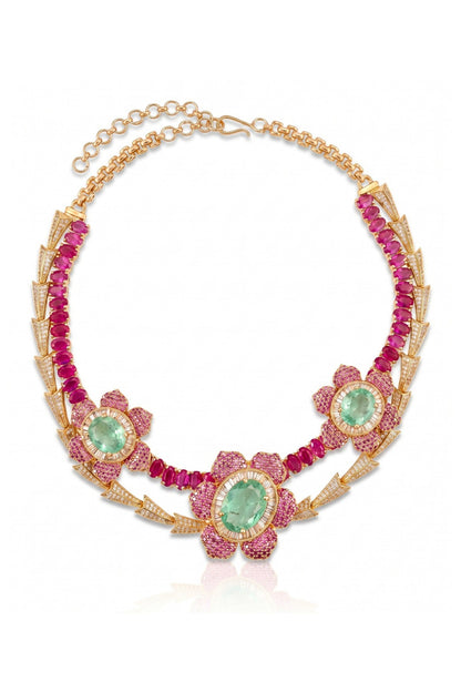 Gold Finish Cubic Zirconia & Ruby Stone Floral Necklace Set