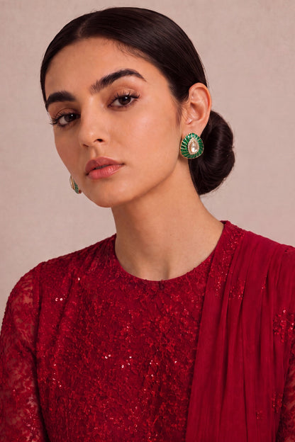 Gold Finish Kundan Polki & Emerald Stone Stud Earrings