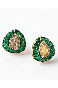 Gold Finish Kundan Polki & Emerald Stone Stud Earrings