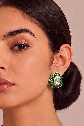 Gold Finish Kundan Polki & Emerald Stone Stud Earrings