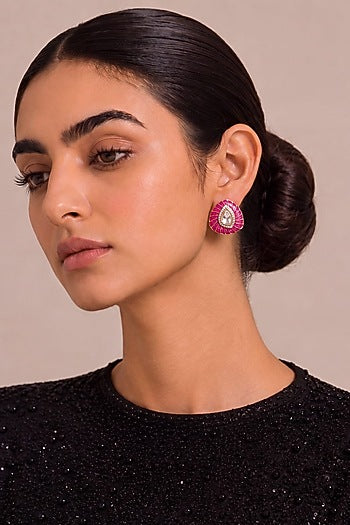 Gold Finish Kundan Polki & Ruby Pink Stone Stud Earrings