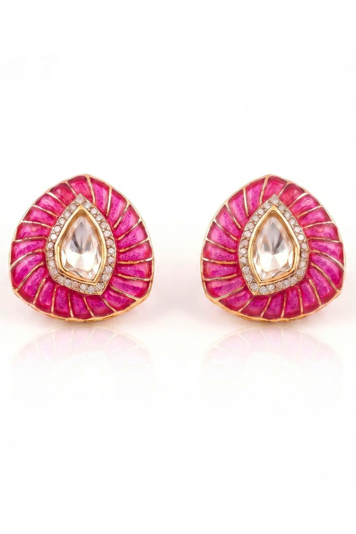 Gold Finish Kundan Polki & Ruby Pink Stone Stud Earrings