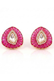 Gold Finish Kundan Polki & Ruby Pink Stone Stud Earrings