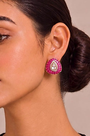 Gold Finish Kundan Polki & Ruby Pink Stone Stud Earrings