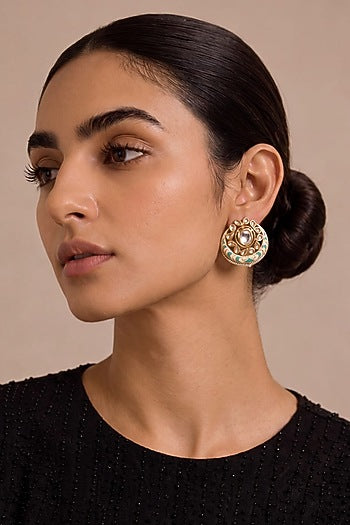 Gold Finish Mint Green Stone Crescent-Shaped Stud Earrings