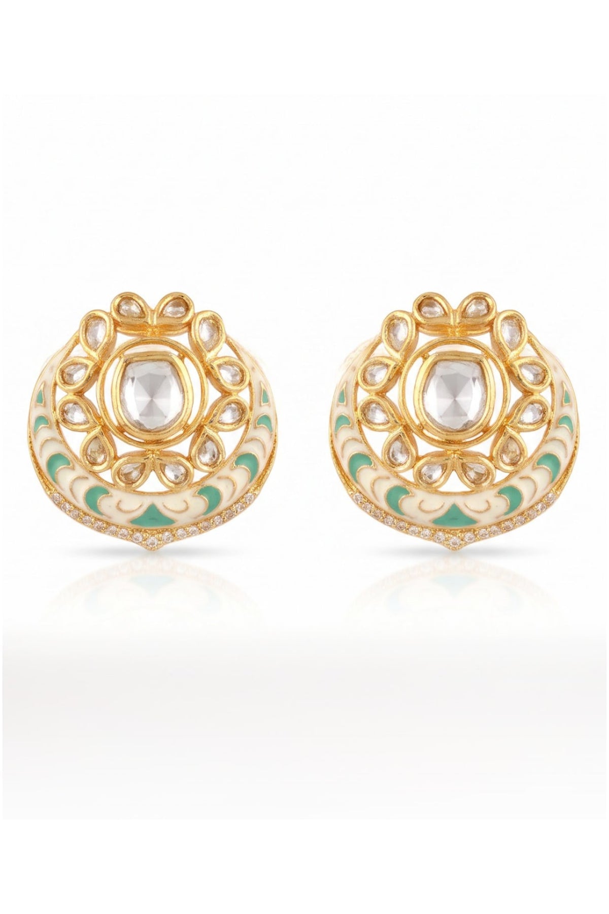 Gold Finish Mint Green Stone Crescent-Shaped Stud Earrings