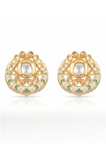 Gold Finish Mint Green Stone Crescent-Shaped Stud Earrings