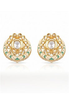 Gold Finish Mint Green Stone Crescent-Shaped Stud Earrings