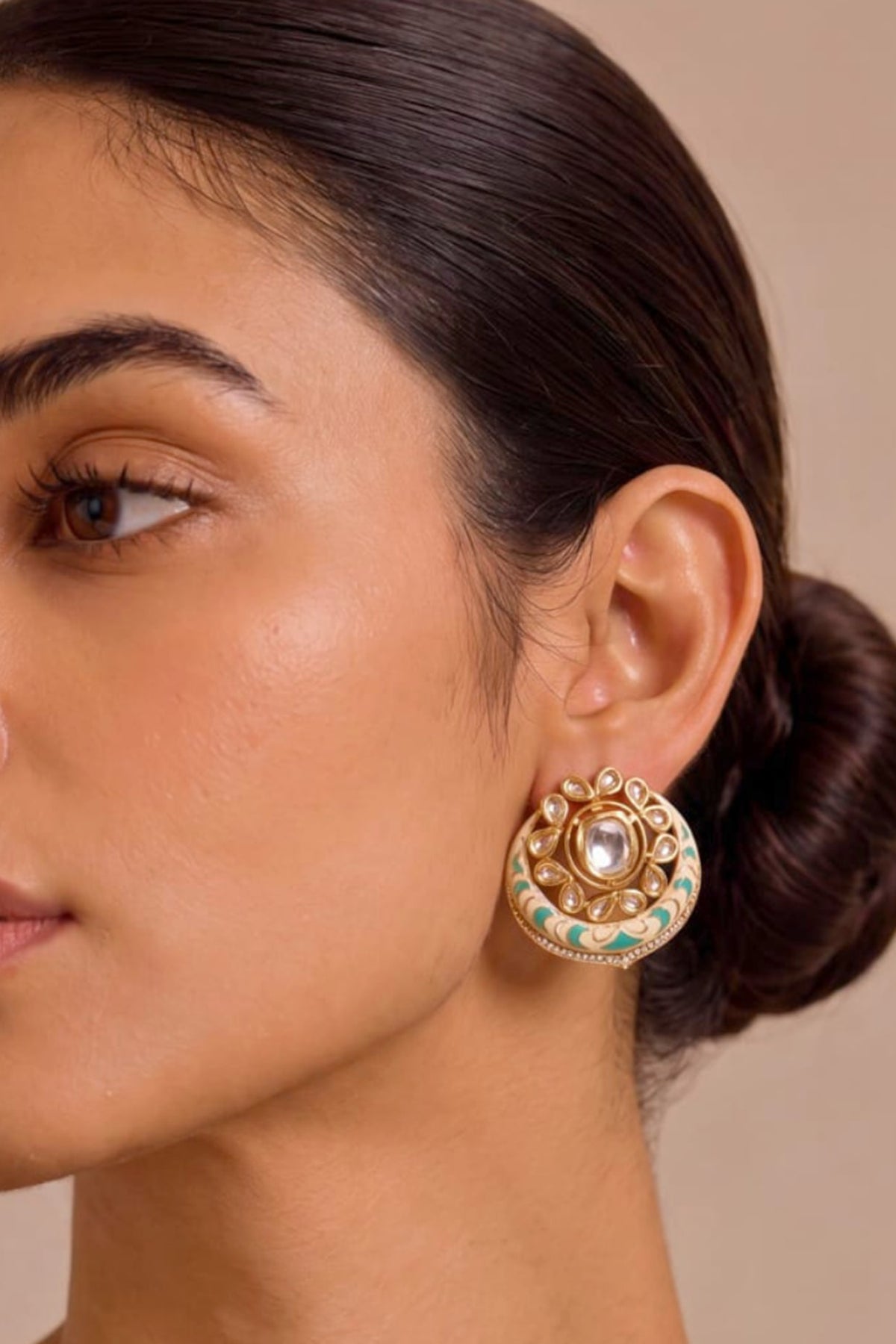 Gold Finish Mint Green Stone Crescent-Shaped Stud Earrings