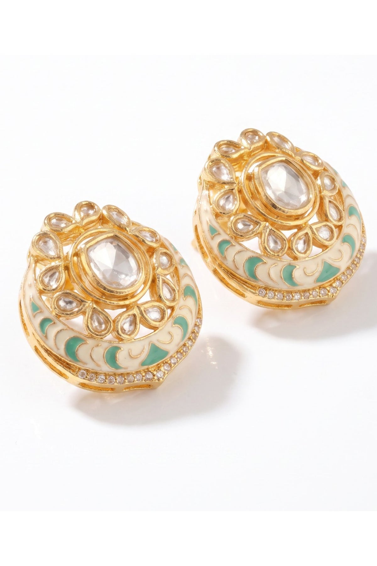 Gold Finish Mint Green Stone Crescent-Shaped Stud Earrings
