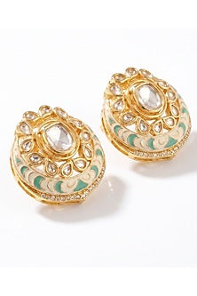 Gold Finish Mint Green Stone Crescent-Shaped Stud Earrings