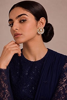 Gold Finish Navy Blue Crescent-Shaped Stud Earrings