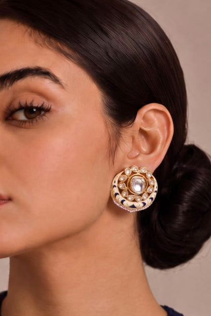 Gold Finish Navy Blue Crescent-Shaped Stud Earrings