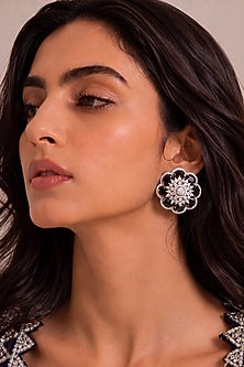 White Rhodium Finish Diamond & Black Stone Stud Earrings