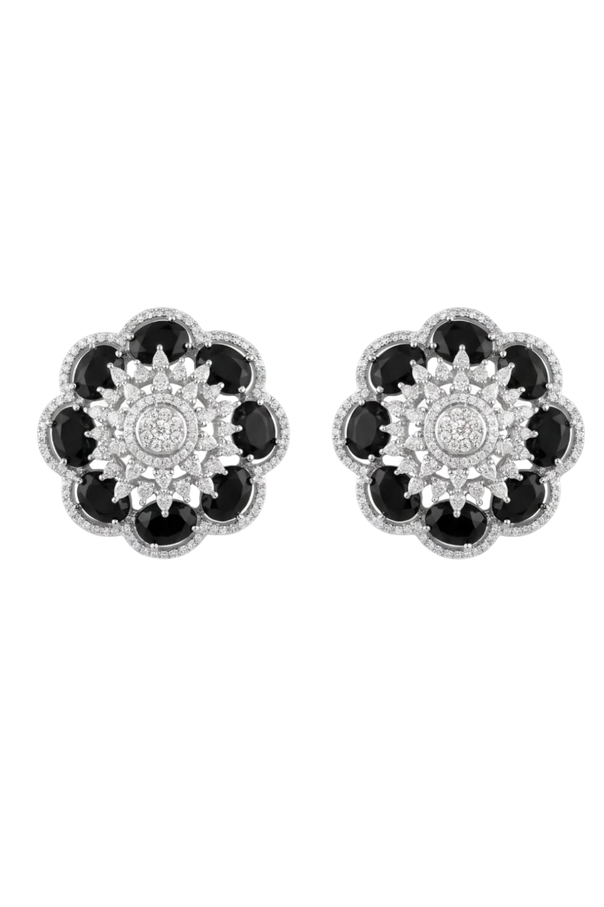 White Rhodium Finish Diamond & Black Stone Stud Earrings