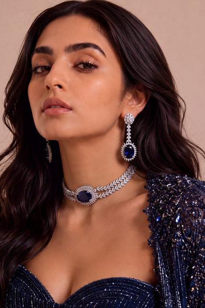 White Rhodium Finish Diamond & Sapphire Stone Choker Necklace Set