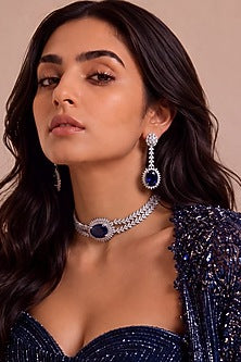 White Rhodium Finish Diamond & Sapphire Stone Choker Necklace Set
