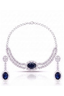 White Rhodium Finish Diamond & Sapphire Stone Choker Necklace Set