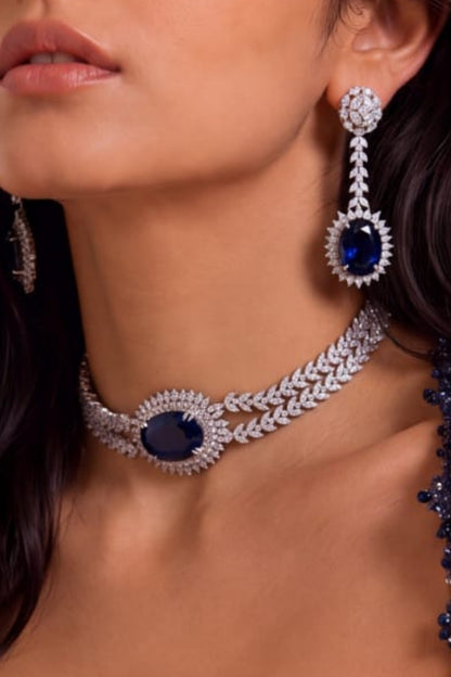 White Rhodium Finish Diamond & Sapphire Stone Choker Necklace Set