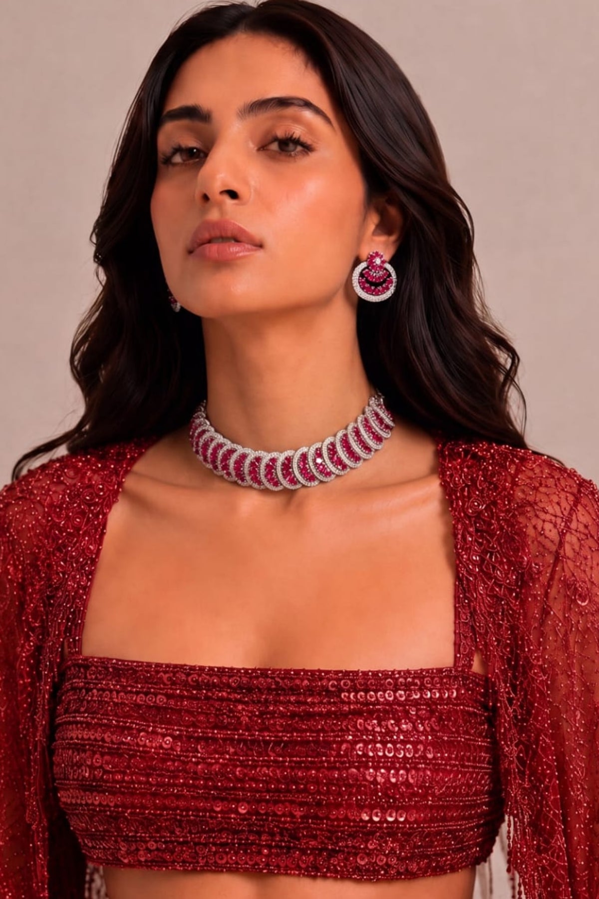 White Rhodium Finish Diamond & Ruby Stone Choker Necklace Set