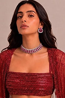 White Rhodium Finish Diamond & Ruby Stone Choker Necklace Set