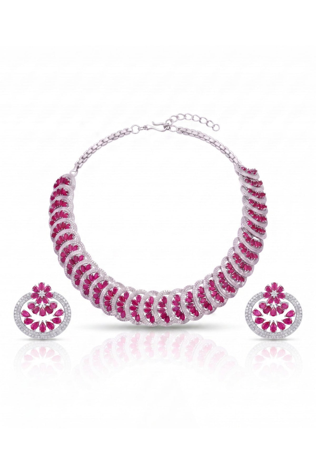 White Rhodium Finish Diamond & Ruby Stone Choker Necklace Set