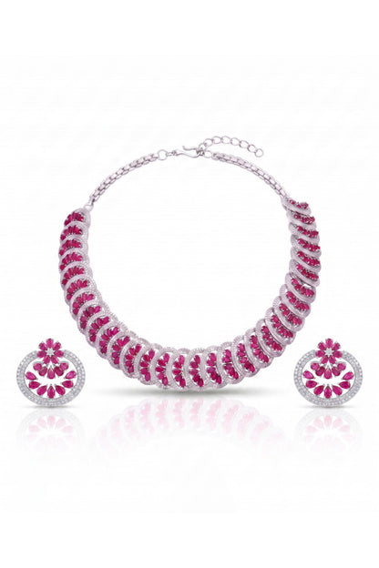 White Rhodium Finish Diamond & Ruby Stone Choker Necklace Set