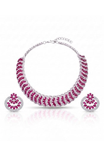 White Rhodium Finish Diamond & Ruby Stone Choker Necklace Set