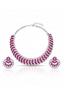 White Rhodium Finish Diamond & Ruby Stone Choker Necklace Set