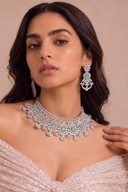 White Rhodium Finish Mint Stone Choker Necklace Set