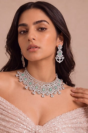 White Rhodium Finish Mint Stone Choker Necklace Set