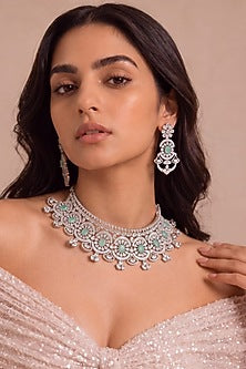 White Rhodium Finish Mint Stone Choker Necklace Set