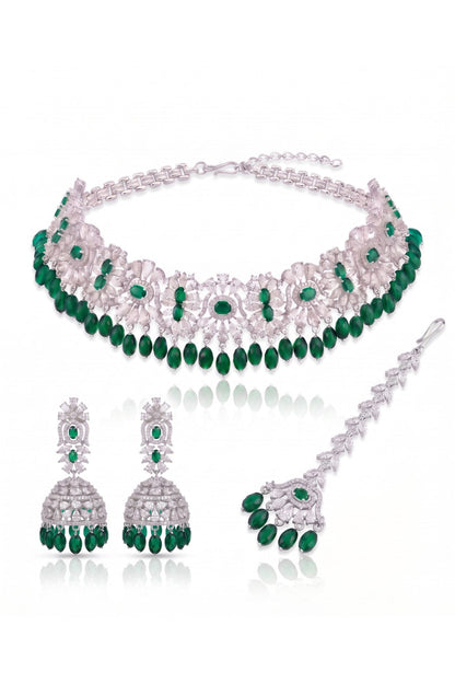 White Rhodium Finish Diamond & Emerald Stone Choker Necklace Set