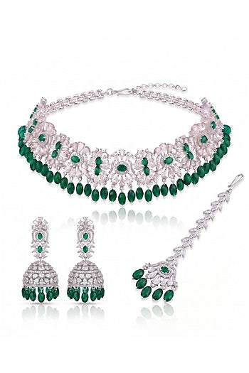 White Rhodium Finish Diamond & Emerald Stone Choker Necklace Set