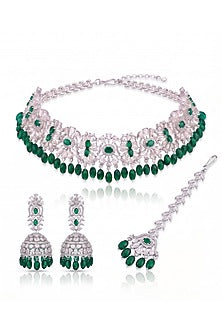 White Rhodium Finish Diamond & Emerald Stone Choker Necklace Set