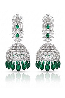 White Rhodium Finish Diamond & Emerald Stone Choker Necklace Set