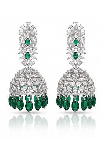 White Rhodium Finish Diamond & Emerald Stone Choker Necklace Set