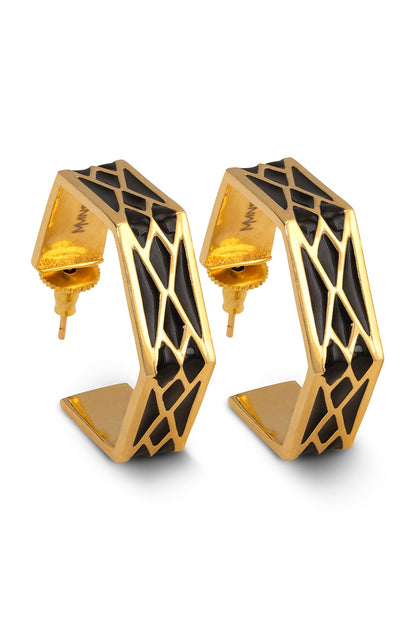 Gold Finish Black Enameled Hoop Earrings