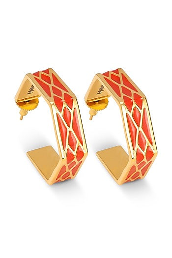 Gold Finish Orange Enameled Hoop Earrings