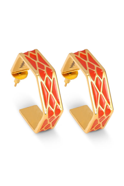 Gold Finish Orange Enameled Hoop Earrings