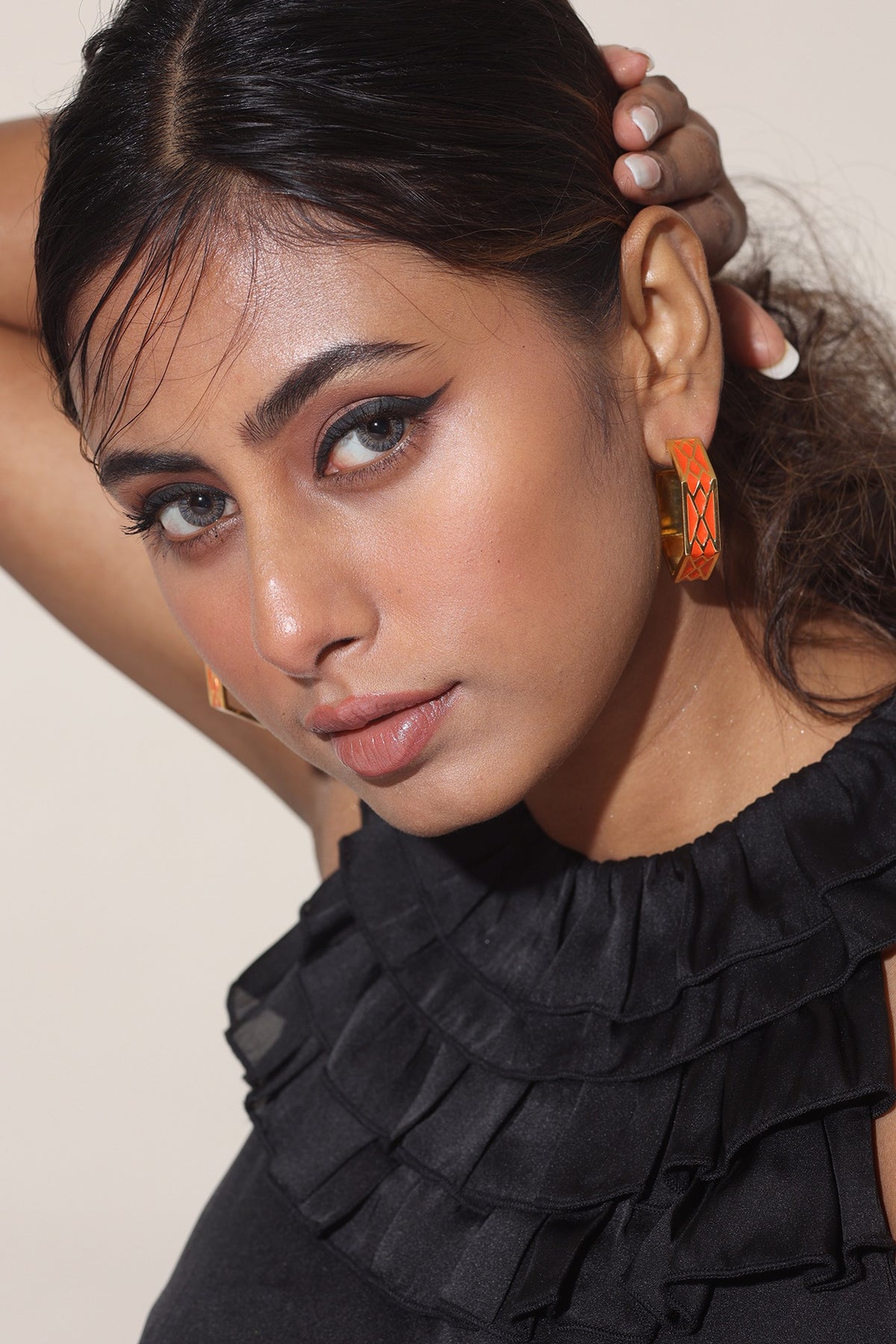 Gold Finish Orange Enameled Hoop Earrings