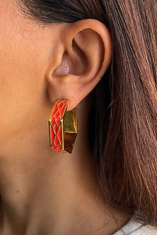Gold Finish Orange Enameled Hoop Earrings