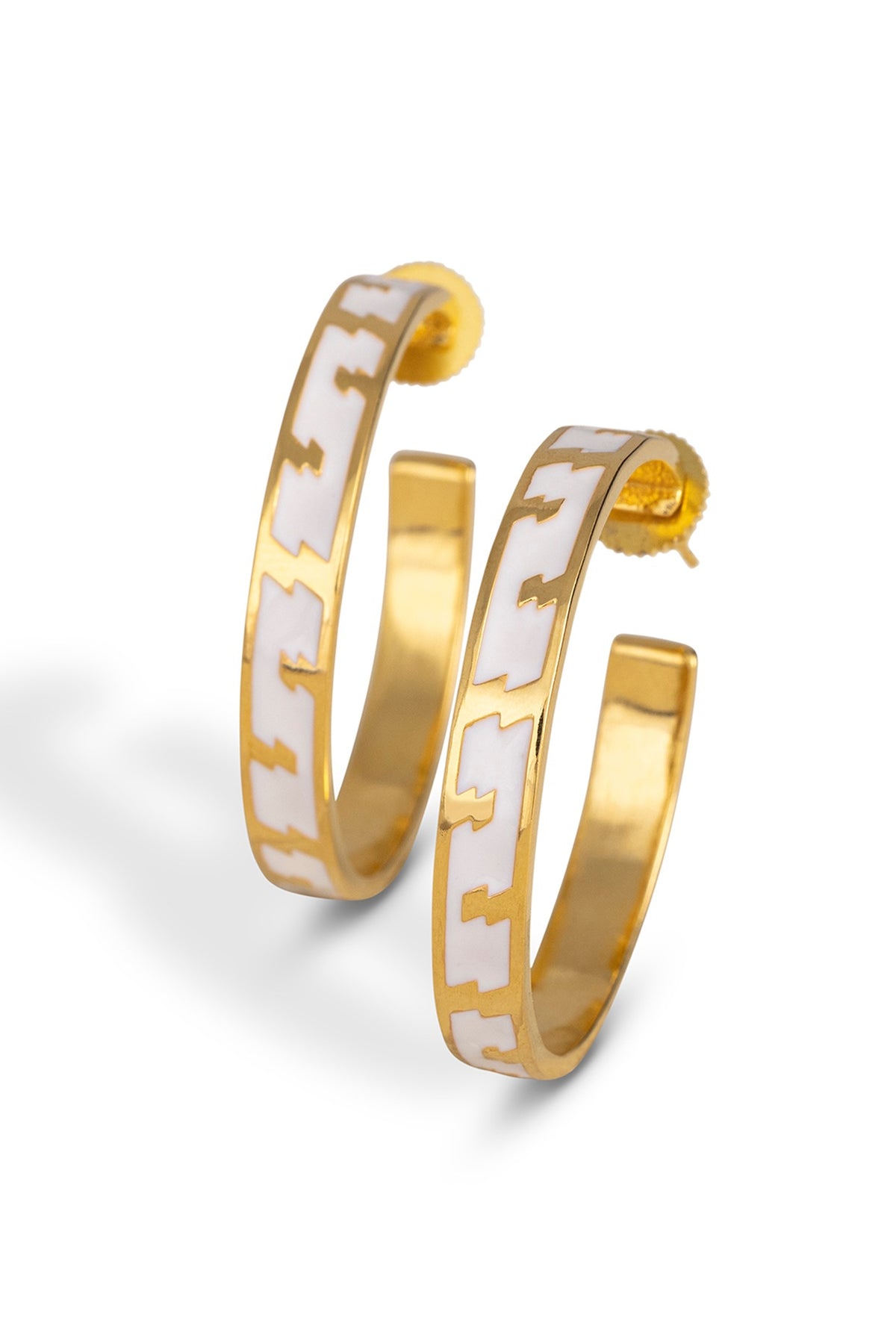 Gold Finish White Enameled Hoop Earrings