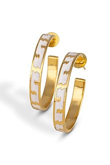 Gold Finish White Enameled Hoop Earrings