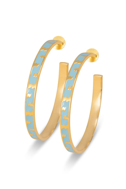 Gold Finish Blue Enameled Hoop Earrings