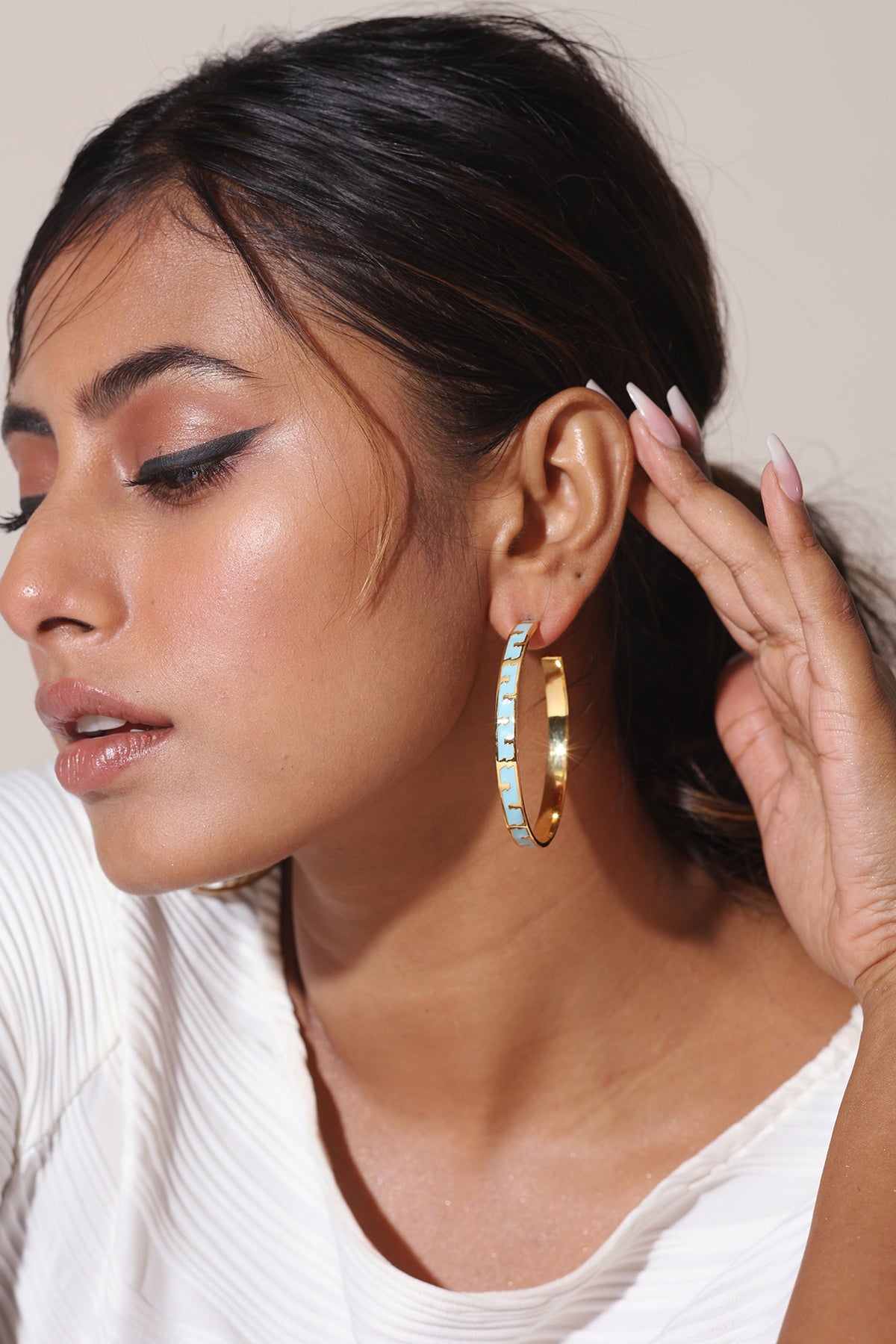 Gold Finish Blue Enameled Hoop Earrings
