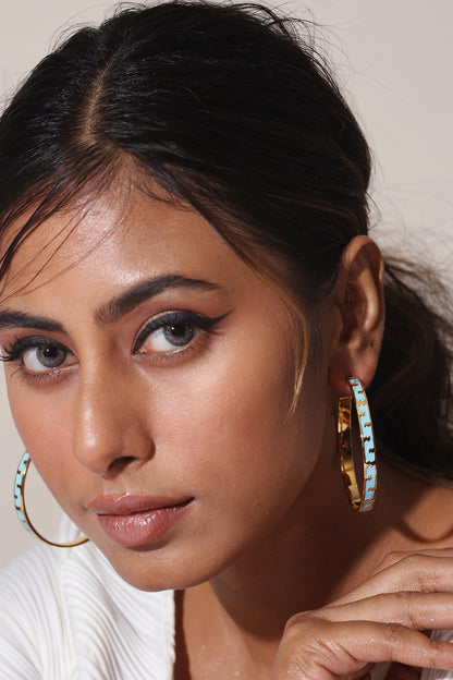 Gold Finish Blue Enameled Hoop Earrings